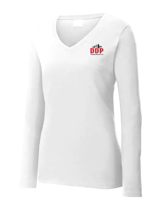 Womens  V-Neck Ring Spun White 4.5 oz Long Sleeve T-Shirt w/DDP Roofing Services Logo
