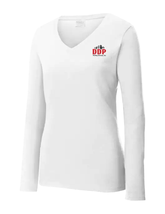 Womens  V-Neck Ring Spun White 4.5 oz Long Sleeve T-Shirt w/DDP Roofing Services Logo