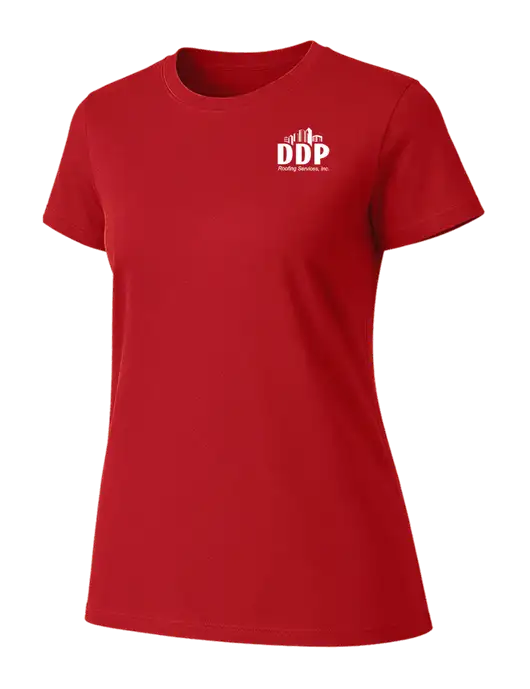 Womens Ring Spun Bright Red 4.5 oz T-Shirt w/DDP Roofing Services Logo