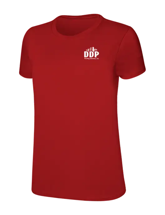 Womens Ring Spun Bright Red 4.5 oz T-Shirt w/DDP Roofing Services Logo