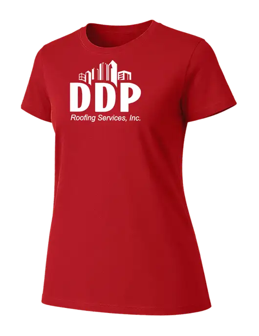 Womens Ring Spun Bright Red 4.5 oz T-Shirt w/DDP Roofing Services Logo