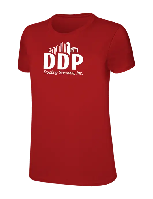 Womens Ring Spun Bright Red 4.5 oz T-Shirt w/DDP Roofing Services Logo