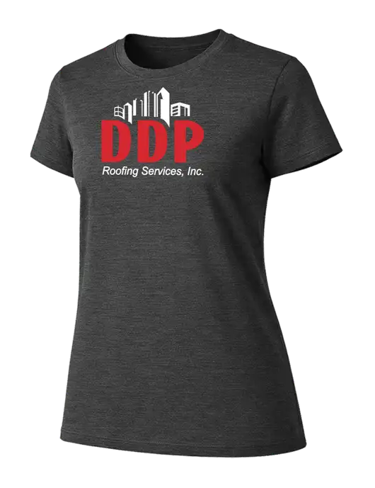 Womens Ring Spun Dark Heather Grey 4.5 oz T-Shirt w/DDP Roofing Services Logo