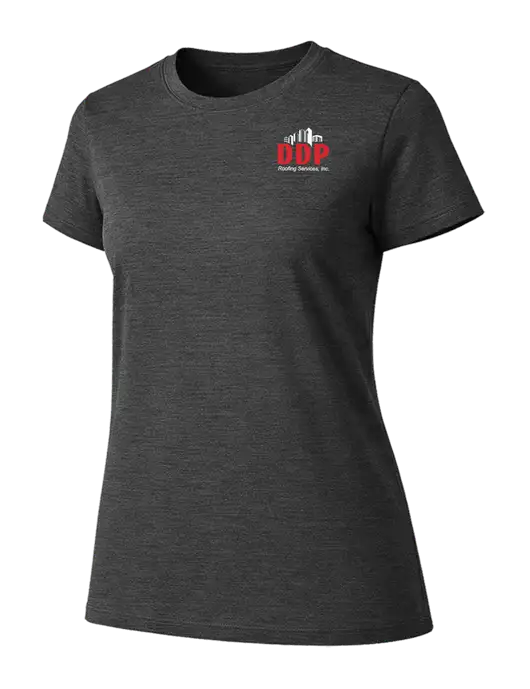 Womens Ring Spun Dark Heather Grey 4.5 oz T-Shirt w/DDP Roofing Services Logo