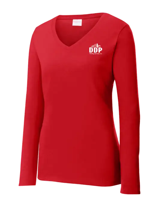 Womens  V-Neck Ring Spun Bright Red 4.5 oz Long Sleeve T-Shirt w/DDP Roofing Services Logo