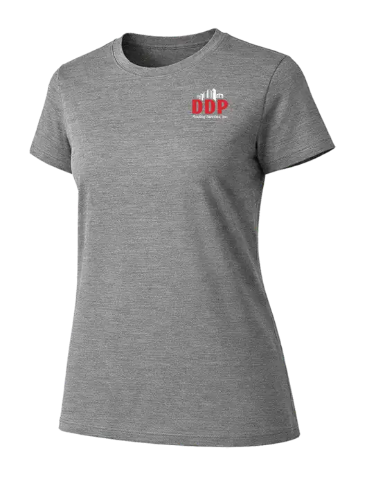 Womens Ring Spun Light Grey Heather 4.5 oz T-Shirt w/DDP Roofing Services Logo