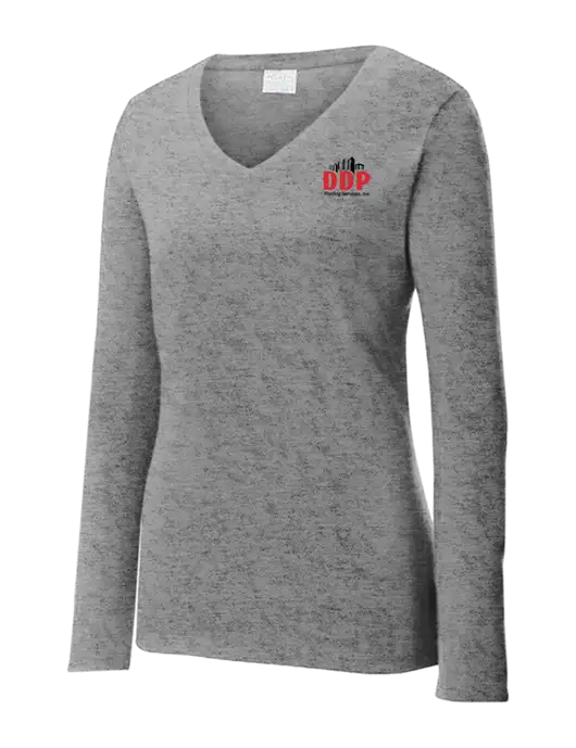 Womens  V-Neck Ring Spun Grey Heather 4.5 oz Long Sleeve T-Shirt w/DDP Roofing Services Logo