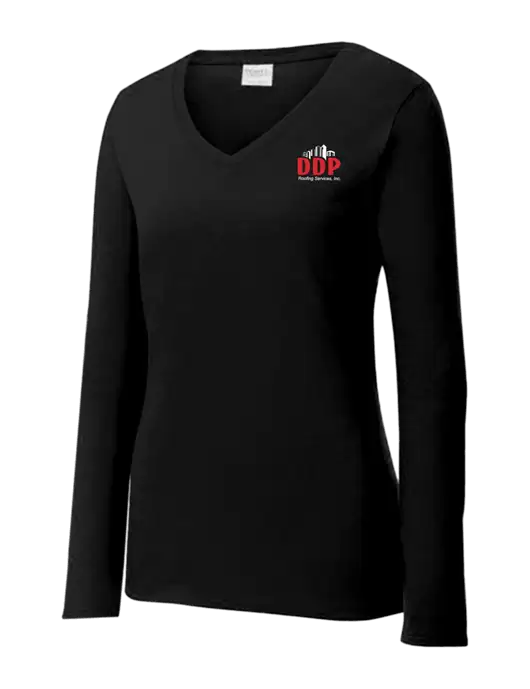 Womens V-Neck Ring Spun Jet Black 4.5 oz Long Sleeve T-Shirt w/DDP Roofing Services Logo
