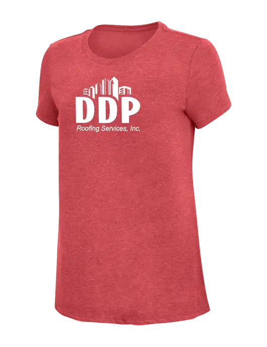 Womens Simply Soft Red Frost 4.5oz Poly/Combed Ring Spun Cotton T-Shirt w/DDP Roofing Services Logo