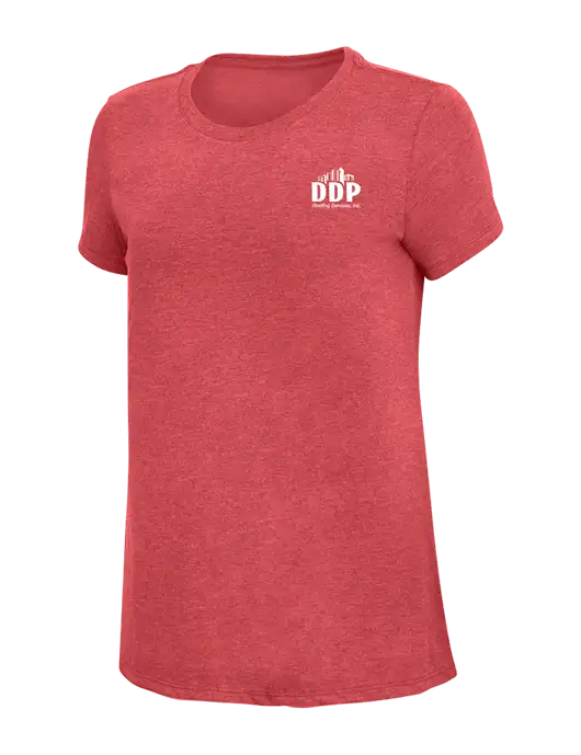 Womens Simply Soft Red Frost 4.5oz Poly/Combed Ring Spun Cotton T-Shirt w/DDP Roofing Services Logo