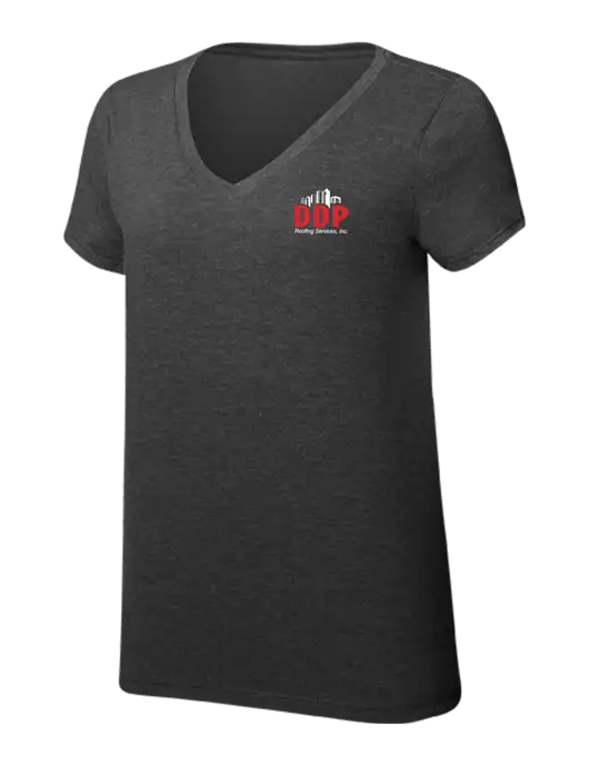 Womens Simply Soft V-Neck Black Frost 4.5oz  Poly/Combed Ring Spun Cotton T-Shirt w/DDP Roofing Services Logo
