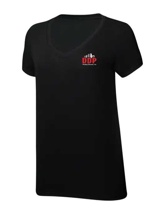 Womens Simply Soft V-Neck Black 4.5oz  Poly/Combed Ring Spun Cotton T-Shirt w/DDP Roofing Services Logo