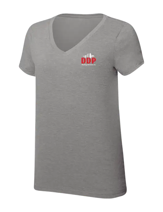 Womens Simply Soft V-Neck Grey Frost 4.5oz  Poly/Combed Ring Spun Cotton T-Shirt w/DDP Roofing Services Logo
