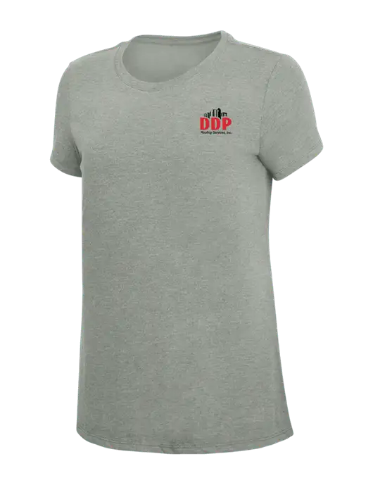 Womens Simply Soft Grey Frost 4.5oz  Poly/Combed Ring Spun Cotton T-Shirt w/DDP Roofing Services Logo