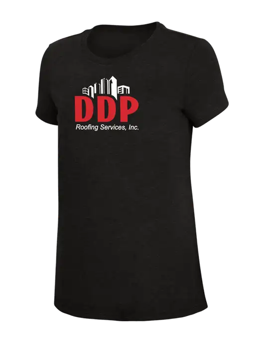 Womens Simply Soft Black 4.5oz Poly/Combed Ring Spun Cotton T-Shirt w/DDP Roofing Services Logo