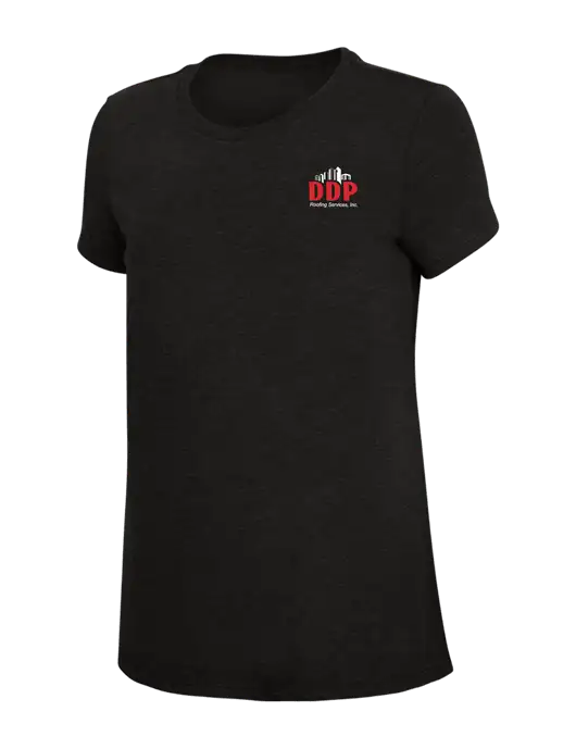 Womens Simply Soft Black 4.5oz Poly/Combed Ring Spun Cotton T-Shirt w/DDP Roofing Services Logo