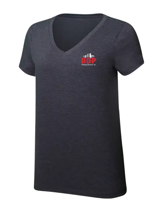 Womens Simply Soft V-Neck Heather Charcoal 4.5oz  Poly/Combed Ring Spun Cotton T-Shirt w/DDP Roofing Services Logo