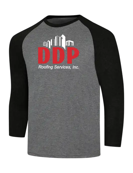 Simply Soft 3/4 Sleeve Black Frost/Grey Frost Ring Spun Cotton T-Shirt w/DDP Roofing Services Logo