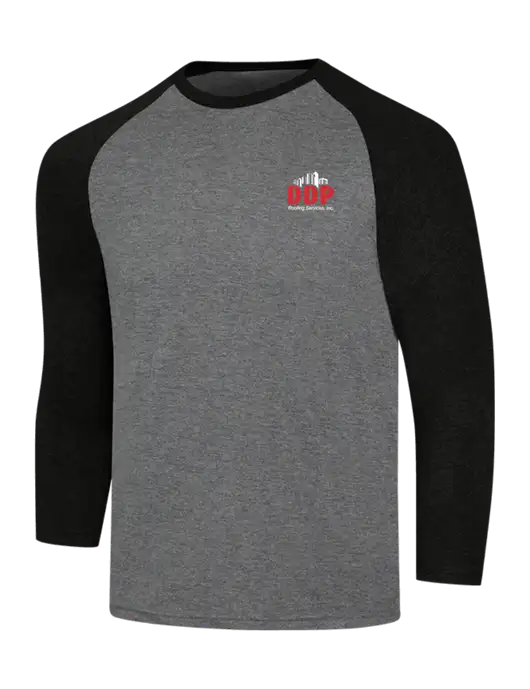 Simply Soft 3/4 Sleeve Black Frost/Grey Frost Ring Spun Cotton T-Shirt w/DDP Roofing Services Logo