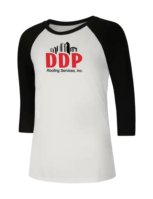 Womens Simply Soft 3/4 Sleeve Black/White Ring Spun Cotton T-Shirt w/DDP Roofing Services Logo