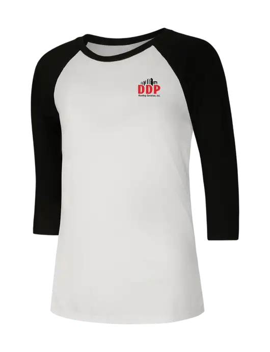 Womens Simply Soft 3/4 Sleeve Black/White Ring Spun Cotton T-Shirt w/DDP Roofing Services Logo
