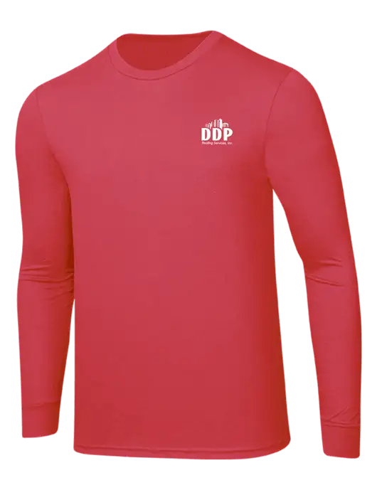 Simply Soft Long Sleeve Red Frost 4.5 oz, Poly/Combed Ring Spun Cotton T-Shirt w/DDP Roofing Services Logo