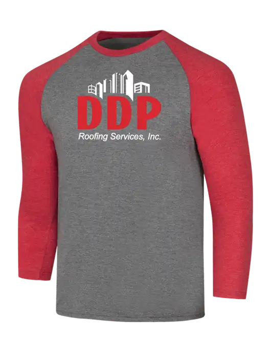 Simply Soft 3/4 Sleeve Red Frost/Grey Frost Ring Spun Cotton T-Shirt w/DDP Roofing Services Logo