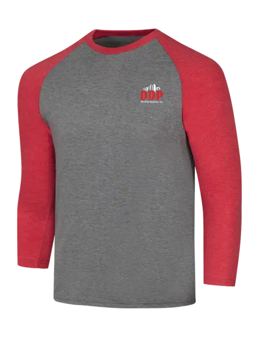 Simply Soft 3/4 Sleeve Red Frost/Grey Frost Ring Spun Cotton T-Shirt w/DDP Roofing Services Logo