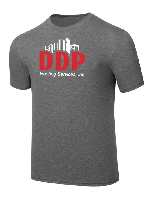 Simply Soft Heathered Medium Grey 4.5oz  Poly/Combed Ring Spun Cotton T-Shirt w/DDP Roofing Services Logo