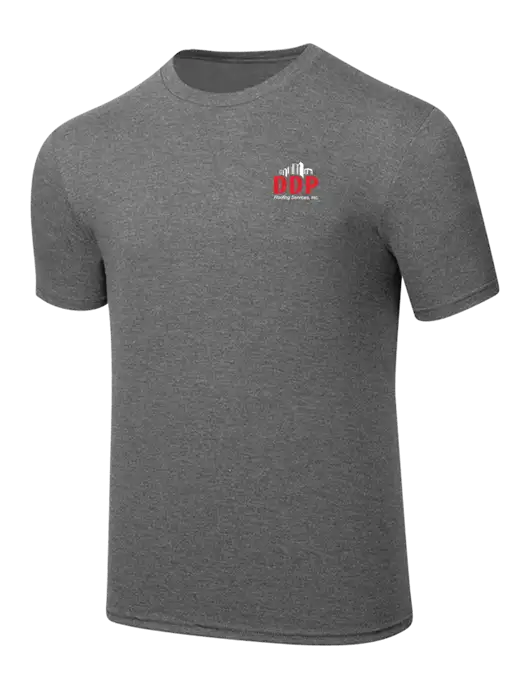 Simply Soft Heathered Medium Grey 4.5oz  Poly/Combed Ring Spun Cotton T-Shirt w/DDP Roofing Services Logo