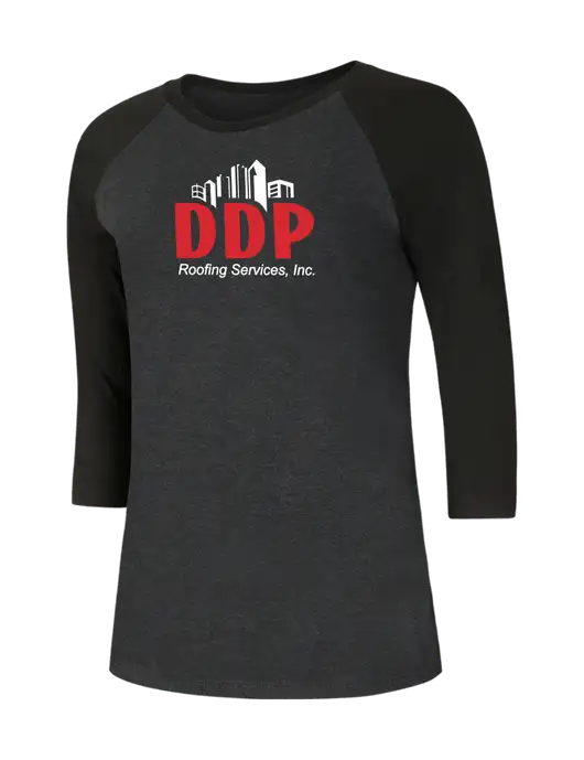 Womens Simply Soft 3/4 Sleeve Black/Black Frost Ring Spun Cotton T-Shirt w/DDP Roofing Services Logo