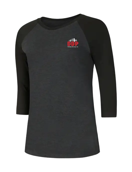 Womens Simply Soft 3/4 Sleeve Black/Black Frost Ring Spun Cotton T-Shirt w/DDP Roofing Services Logo