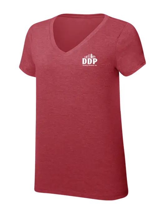 Womens Simply Soft V-Neck Red Frost 4.5oz  Poly/Combed Ring Spun Cotton T-Shirt w/DDP Roofing Services Logo