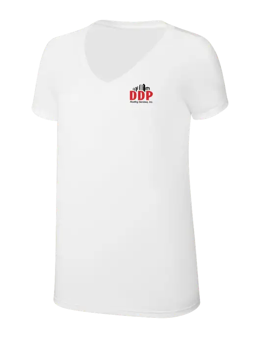 Womens Simply Soft V-Neck White 4.5oz  Poly/Combed Ring Spun Cotton T-Shirt w/DDP Roofing Services Logo