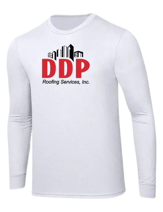 Simply Soft Long Sleeve White 4.5 oz, Poly/Combed Ring Spun Cotton T-Shirt w/DDP Roofing Services Logo