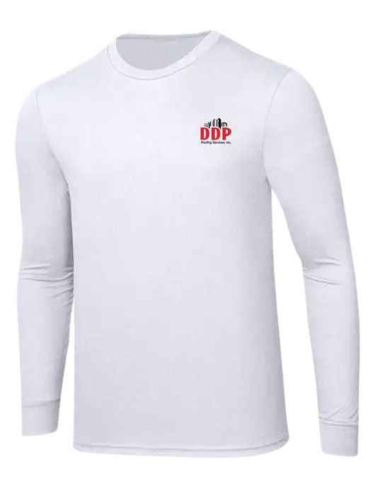Simply Soft Long Sleeve White 4.5 oz, Poly/Combed Ring Spun Cotton T-Shirt w/DDP Roofing Services Logo