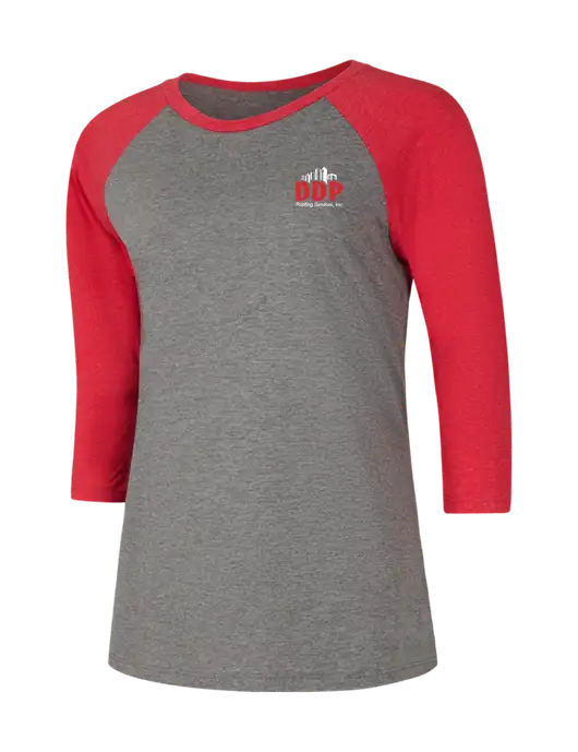 Womens Simply Soft 3/4 Sleeve Red Frost/Grey Frost Ring Spun Cotton T-Shirt w/DDP Roofing Services Logo