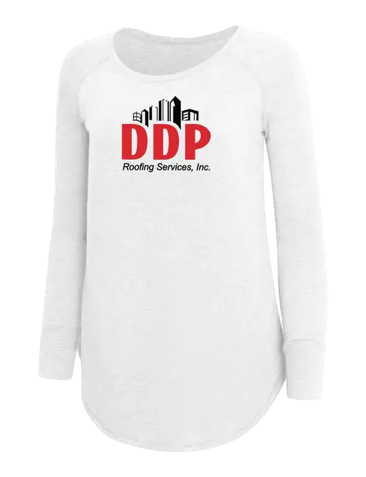 Womens Perfect Wide Collar Tunic Tri-Blend White 4.5 oz T-Shirt w/DDP Roofing Services Logo