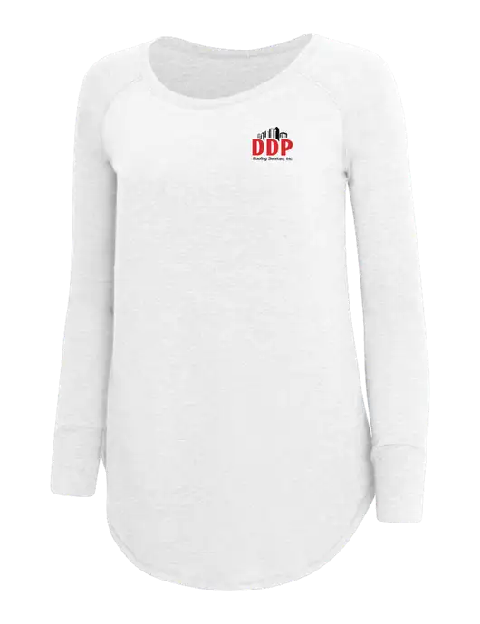 Womens Perfect Wide Collar Tunic Tri-Blend White 4.5 oz T-Shirt w/DDP Roofing Services Logo