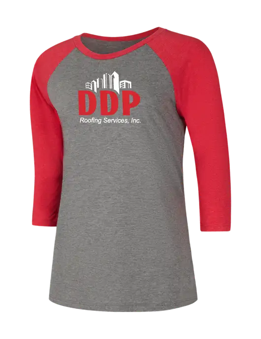 Womens Simply Soft 3/4 Sleeve Red Frost/Grey Frost Ring Spun Cotton T-Shirt w/DDP Roofing Services Logo