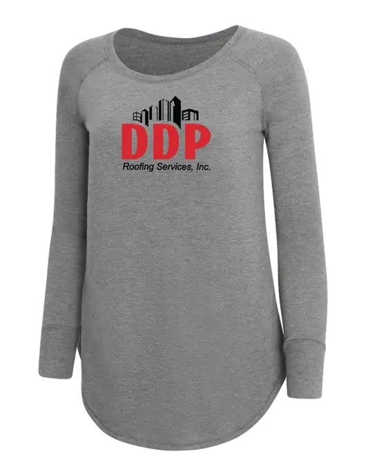 Womens Perfect Wide Collar Tunic Tri-Blend Grey Frost 4.5 oz T-Shirt w/DDP Roofing Services Logo