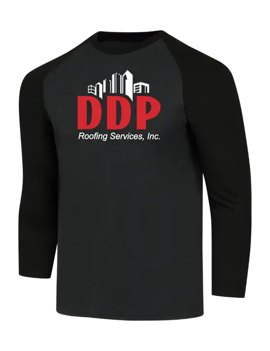 Simply Soft 3/4 Sleeve Black/Black Frost Ring Spun Cotton T-Shirt w/DDP Roofing Services Logo