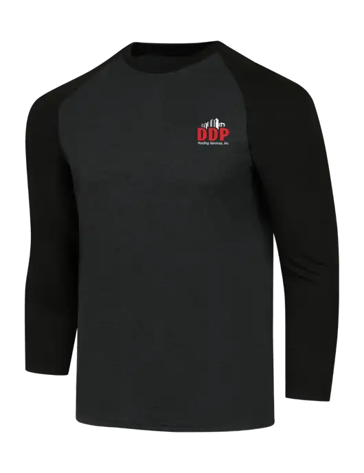 Simply Soft 3/4 Sleeve Black/Black Frost Ring Spun Cotton T-Shirt w/DDP Roofing Services Logo