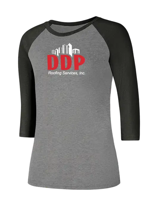 Womens Simply Soft 3/4 Sleeve Black Frost/Grey Frost Ring Spun Cotton T-Shirt w/DDP Roofing Services Logo