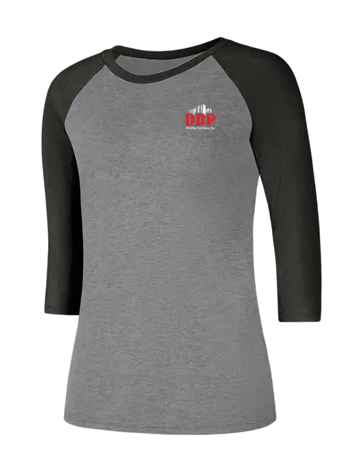 Womens Simply Soft 3/4 Sleeve Black Frost/Grey Frost Ring Spun Cotton T-Shirt w/DDP Roofing Services Logo