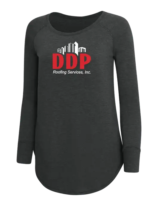 Womens Perfect Wide Collar Tunic Tri-Blend Black Frost 4.5 oz T-Shirt w/DDP Roofing Services Logo