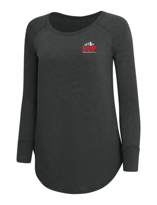 Womens Perfect Wide Collar Tunic Tri-Blend Black Frost 4.5 oz T-Shirt w/DDP Roofing Services Logo
