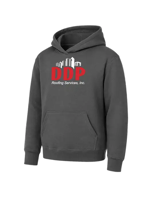 Youth Charcoal 7.8 oz Pullover Hooded Sweatshirt w/DDP Roofing Services Logo