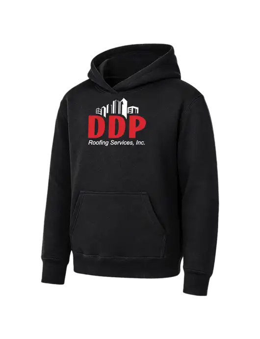 Youth Black 7.8 oz Pullover Hooded Sweatshirt w/DDP Roofing Services Logo