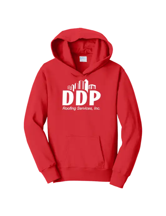 Youth Bright Red 8.5 oz Ring Spun Pullover Hooded Sweatshirt w/DDP Roofing Services Logo